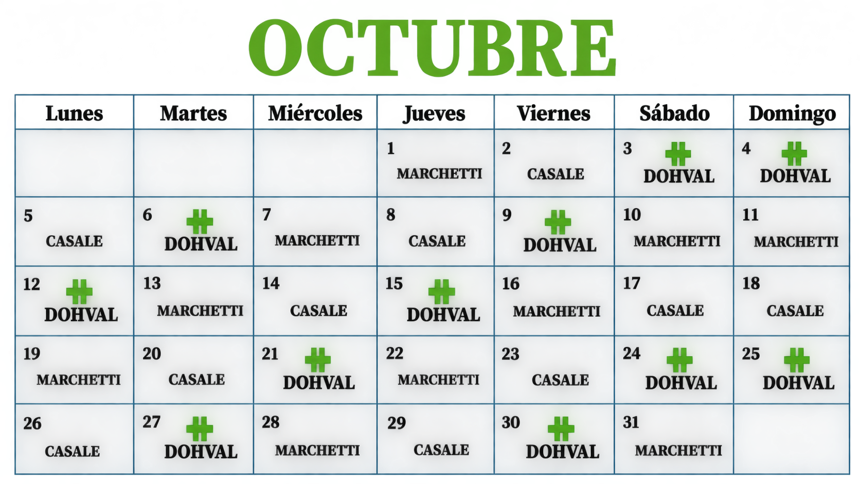 Calendario mensual de farmacia de turno DOHVAL
